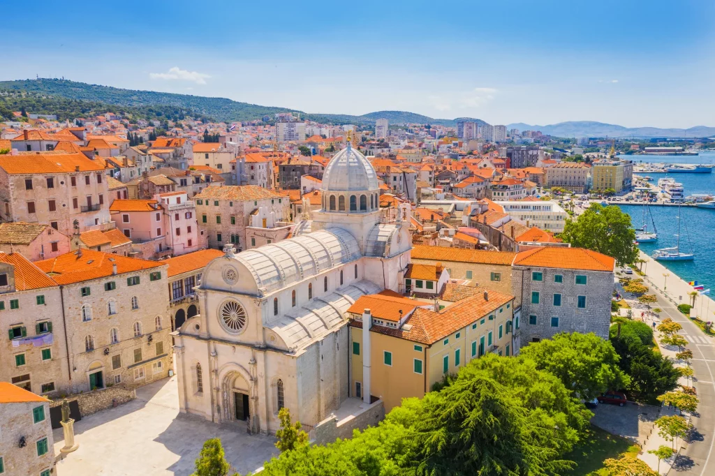 Aerial view of Šibenik Old Town and St. James Cathedral on the Croatian Adriatic coast.