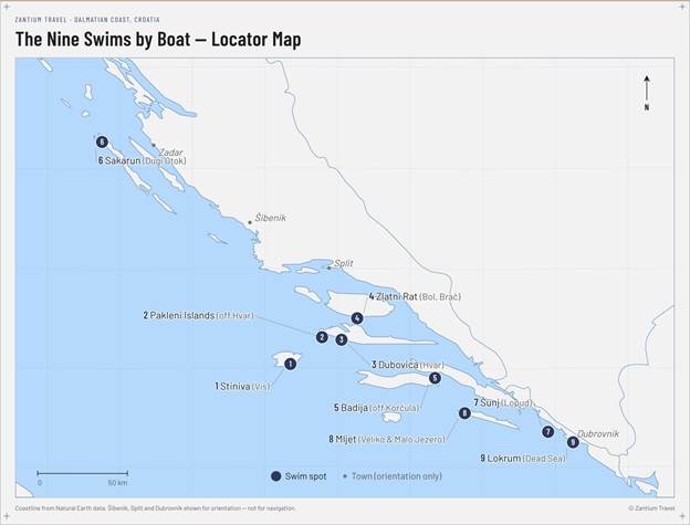 This is an image of a locator map that shows the best places to swim in Croatia: nine numbered boat-access swim spots along the Dalmatian coast from Sakarun on Dugi Otok in the north down to Lokrum near Dubrovnik.